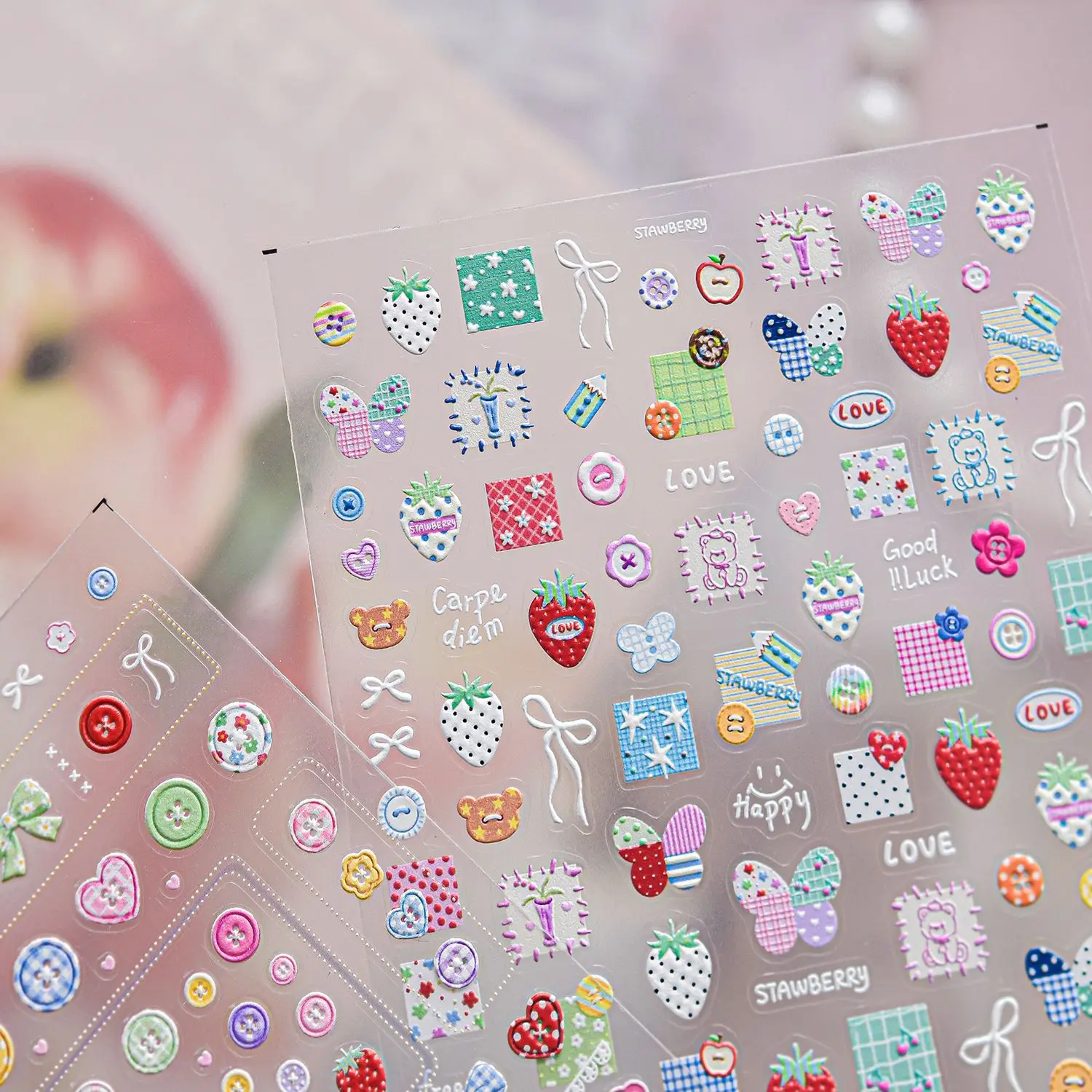 1Pc Cute Strawberry Checkered Pattern 5D Nail Stickers Bow Mini Button Design Fruits Self-Adhesive Nail Art DIY Decoration Decal