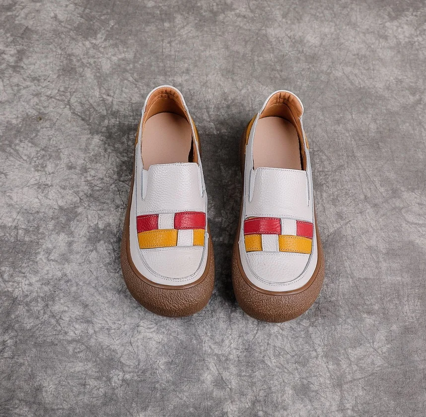 New Genuine Leather Patches Flats Women Woven Splicing Slip On Shoes Size 42 Woman Soft Anti Skid Vintage Moccasins Mom Loafers