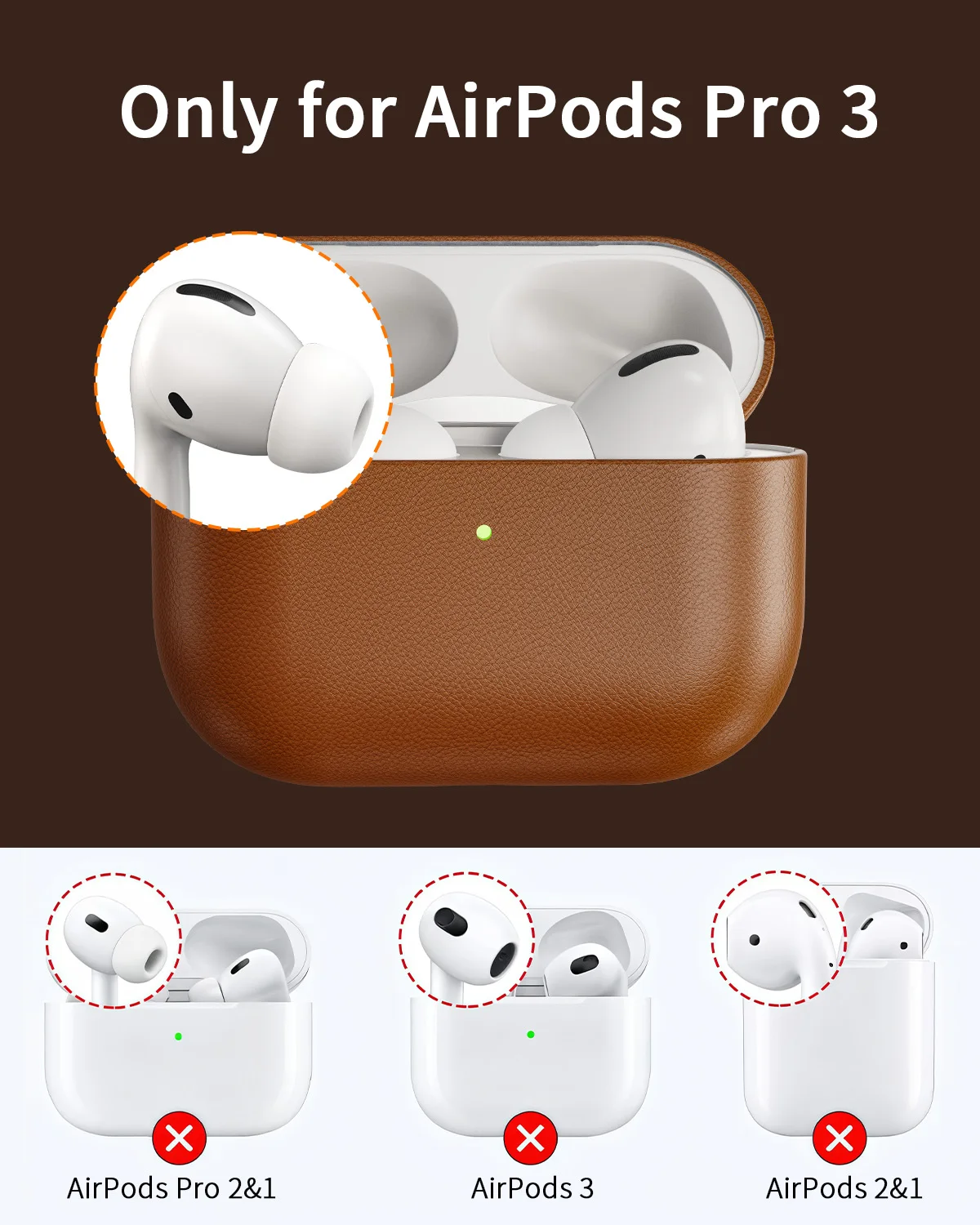 Oatsbasf Skórzane etui ochronne na słuchawki AirPods Pro 3, pełne pokrycie, odporne na wstrząsy, z haczykiem — zdjęcie produktu 2