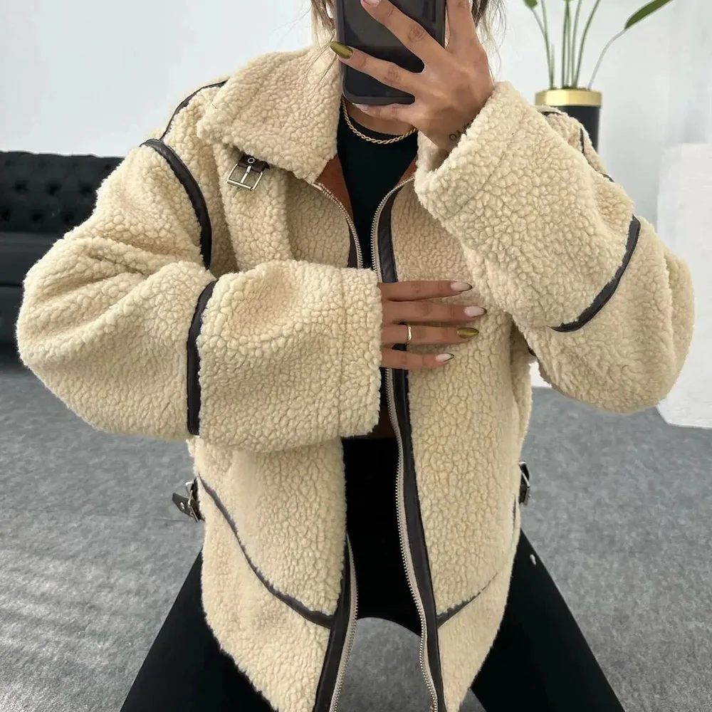 2024 Autumn New Women\'s Wear European and American Style Casual Fur One Piece Lamb Wool Contrast Color Plush Warm Jacket C