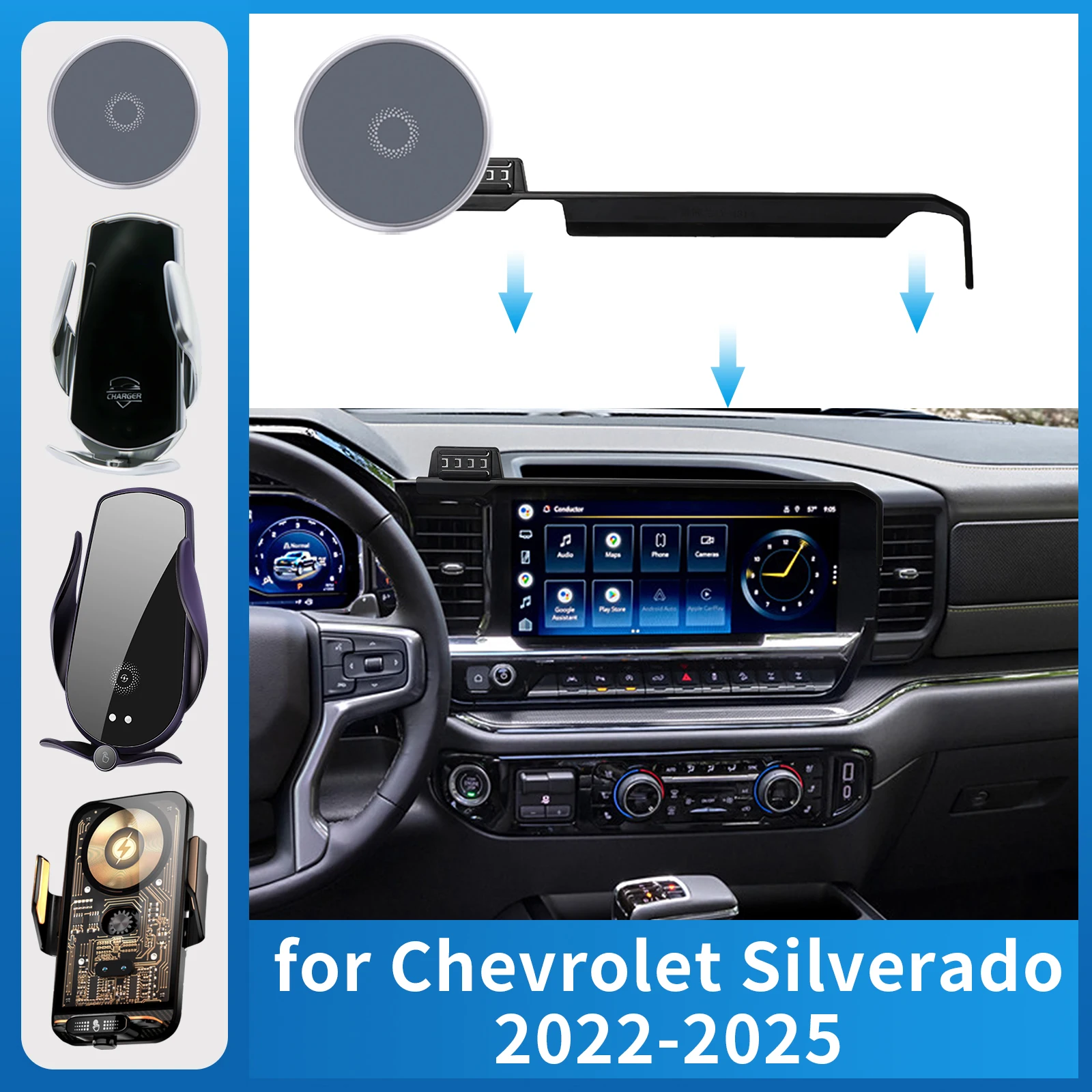 

for Chevy Chevrolet Silverado 2022 2023 2024 2025 1500 2500 3500 Car Phone Holder Screen Navigation Bracket Wireless Charging