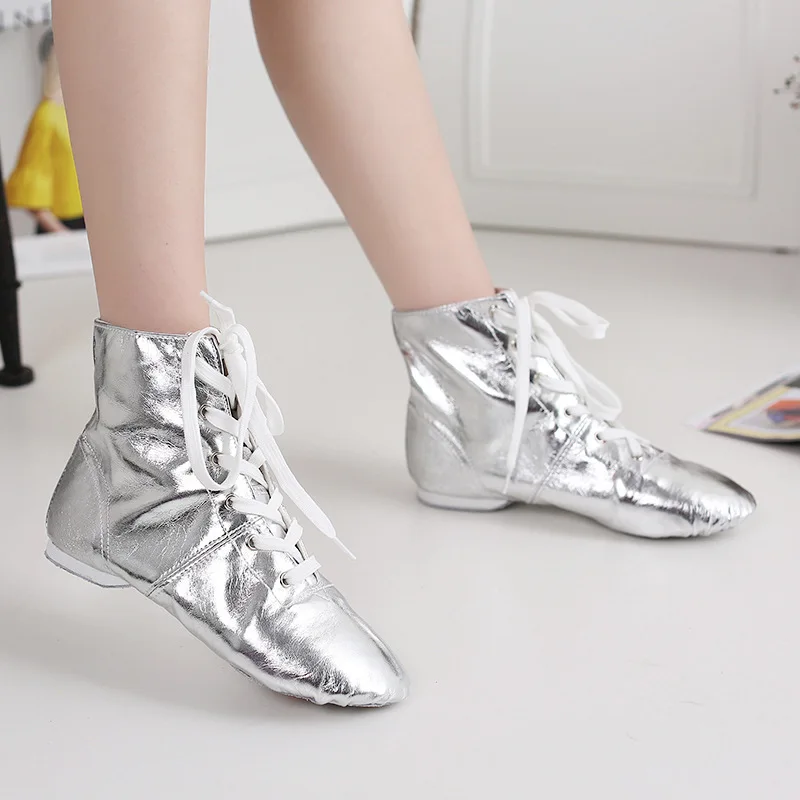 Botas de Baile Jazz de Caña Alta en Oro y Plata para Mujer, Zapatos de Baile de Cuero para Profesores, Zapatos de Baile para Niños, Mujeres y Hombres
