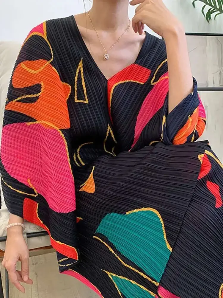 Miyake 2025 verão novo conjunto de duas peças feminino com decote em v solto batwing impressão topo com calças de perna larga roupas de moda feminina