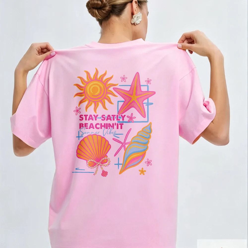 Y2K Retro 90s Coastal Aesthetic Seashell Starfish Women Loose T Shirt Stay Salty Beachin'It Summer Holiday Friend Gift Tee
