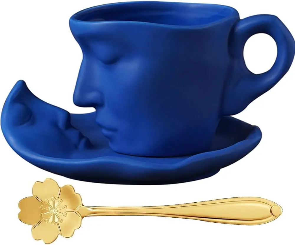 Tea Cup and Saucer Set for 1 Ceramic Couple Face Kissing Coffee Mug with Spoon 8.5 oz Teacup for Valentine's Day Mother's Day Gi