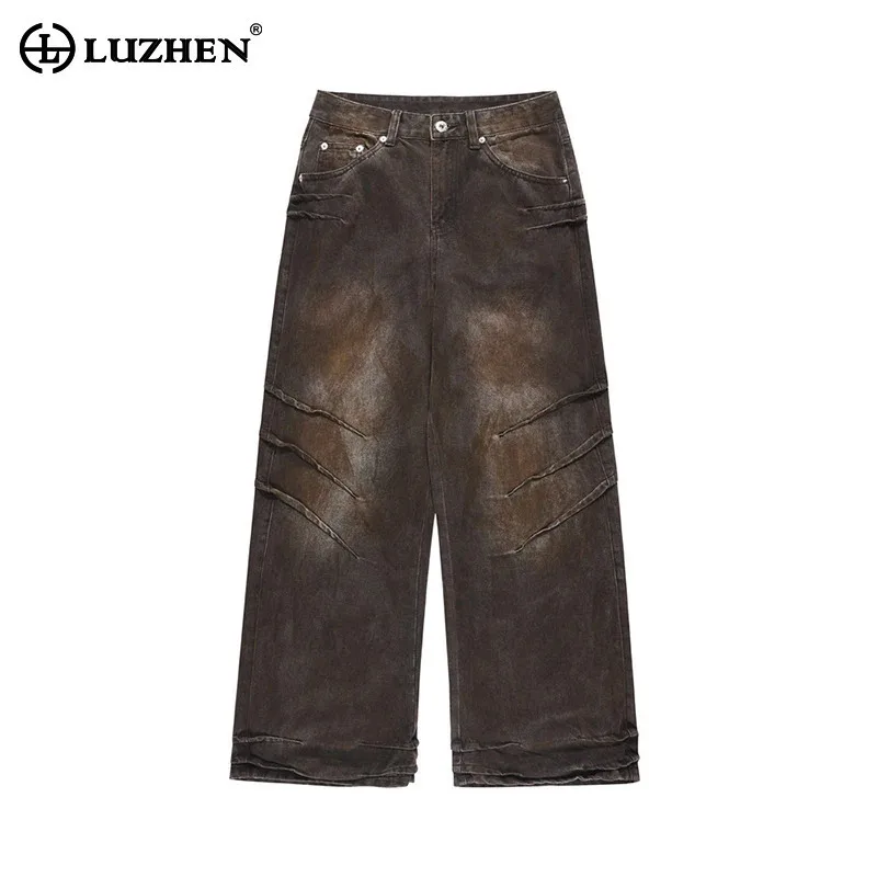 LUZHEN High Street Straight Jeans Pleated Rusty Wornout Design Personalized Wide Leg Denim Pants American Cowboy Trousers LZ7211