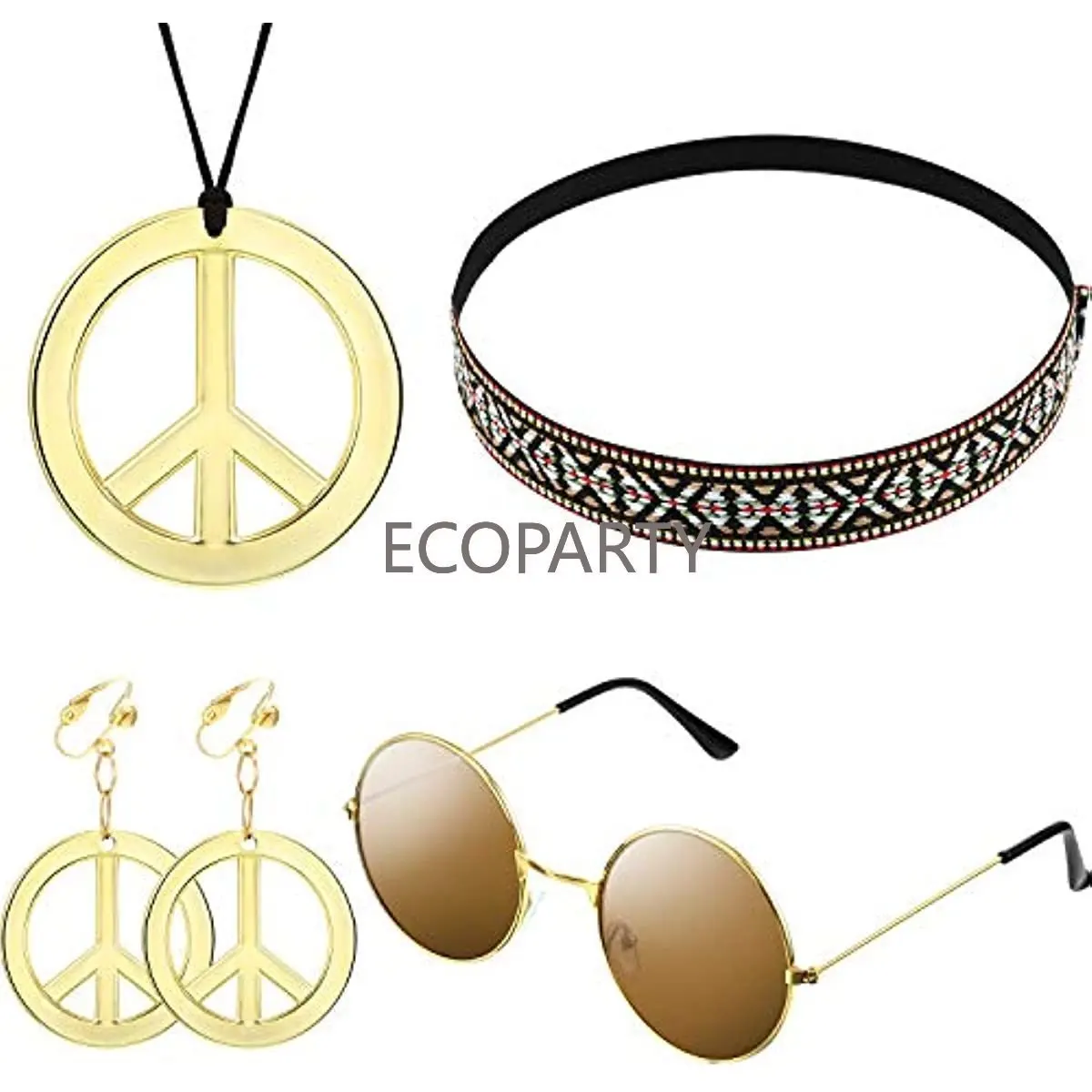 

Hippie Costume Set for Women Kit Sunglasses Peace Sign Necklace and Peace Sign Earring Bohemia Headband for 60s 70s Party Set