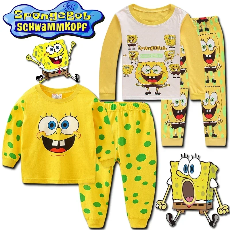 2PCS SpongeBob SquarePants Children\'s Long-sleeved Pajamas Set Boys and Girls Long-sleeved Round Neck Tops Trousers Cotton Suit