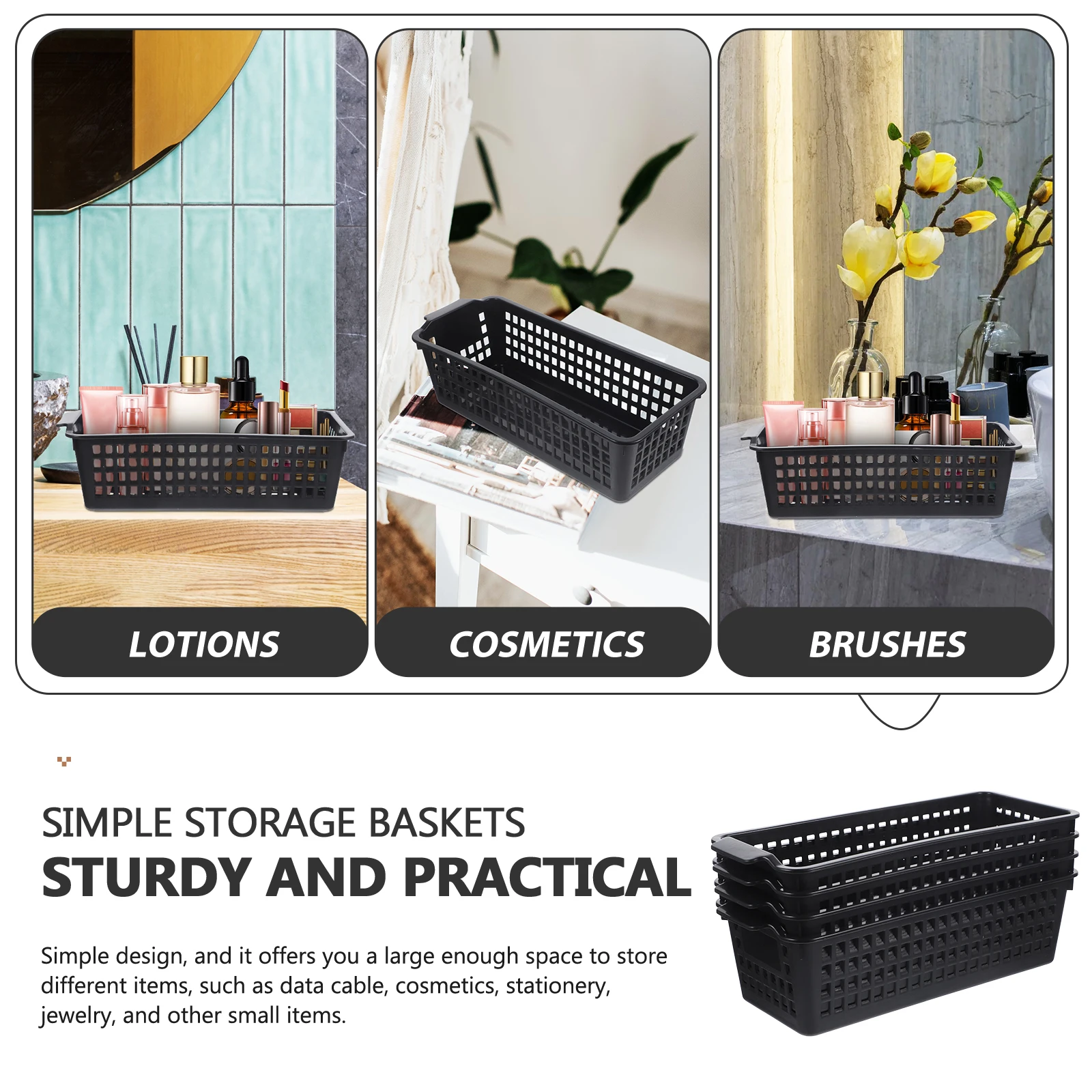 

4pcs Slim Storage Baskets Plastic Organizer Bins Pp Desktop Bathroom Kitchen Home Lightweight Handle Cutout Design