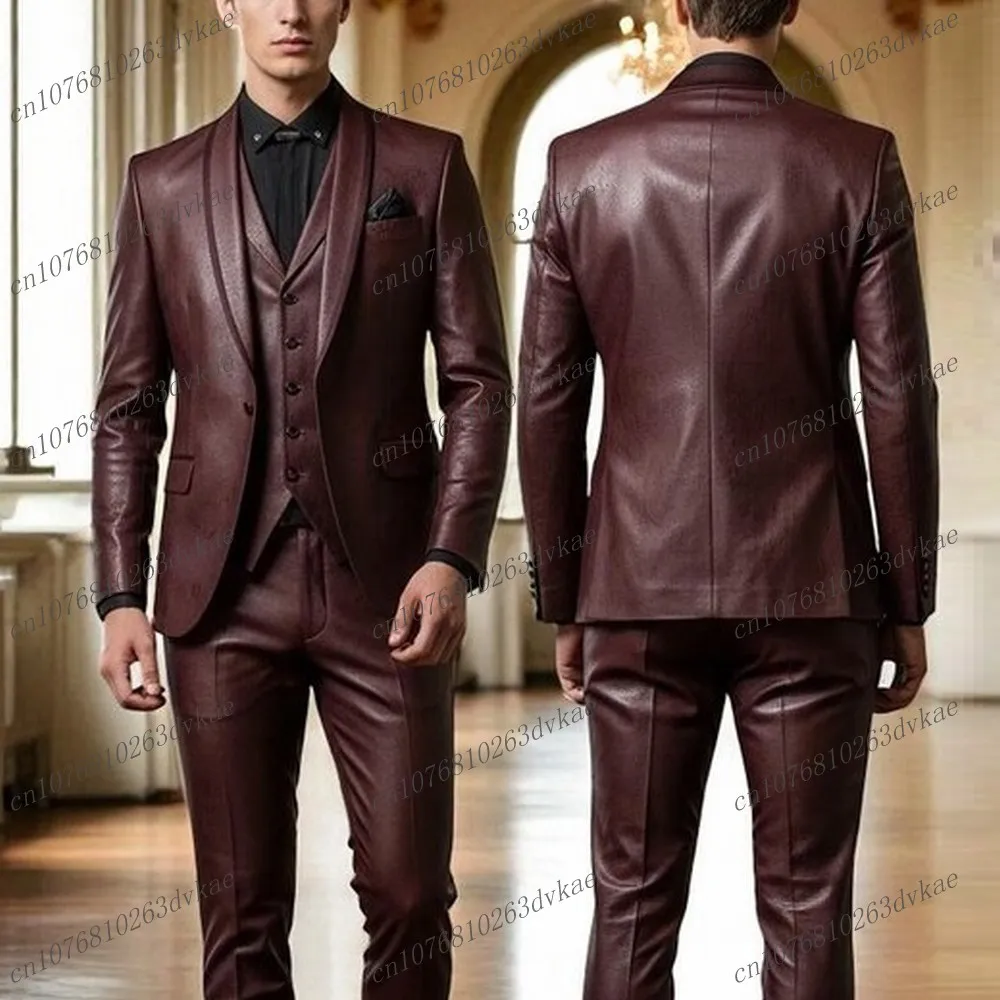 

Новый бордовый кожаный мужской костюм для свадебной вечеринки, формальный жених, жених, выпускного вечера, деловые мужские смокинги, комплект из 3 предметов, куртка, жилет, брюки