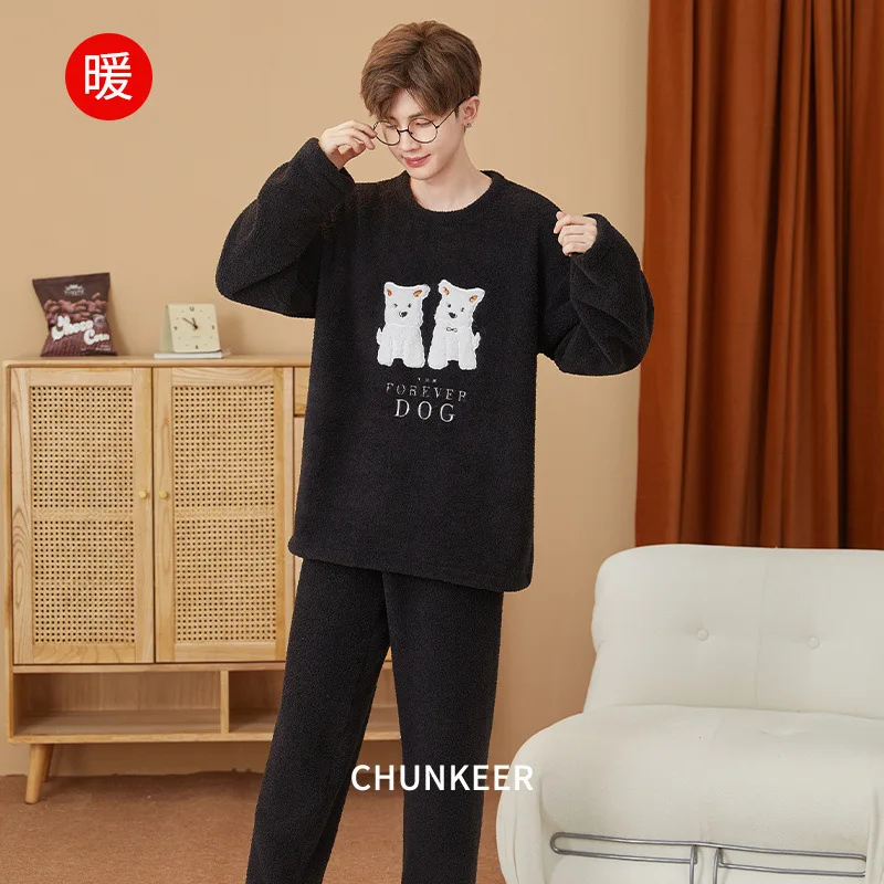 الشتاء نصف بيجامة من الصوف الرجال الكورية الشباب الكرتون ملابس خاصة الدافئة سميكة المتسكعون كلاب أليف طباعة أفخم Homesuit وتتسابق #3