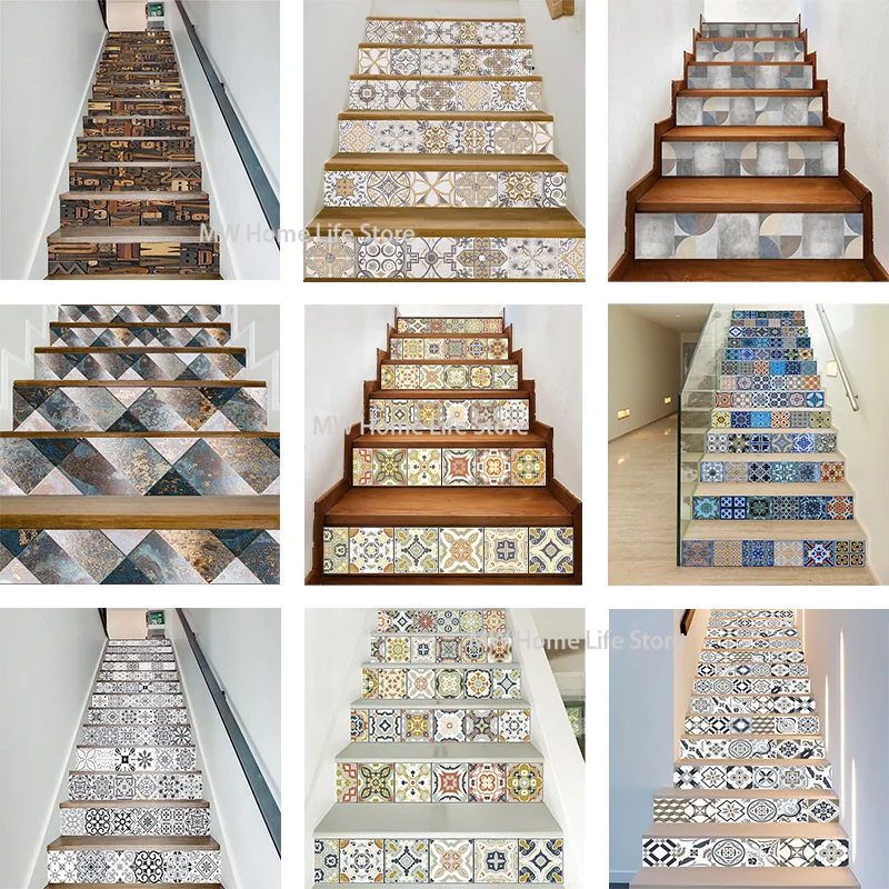 

13pcs/6pcs Retro Style Waterproof Staircase Floor Stickers, Vinyl Staircase Pattern Custom Self-adhesive Staircase Stickers