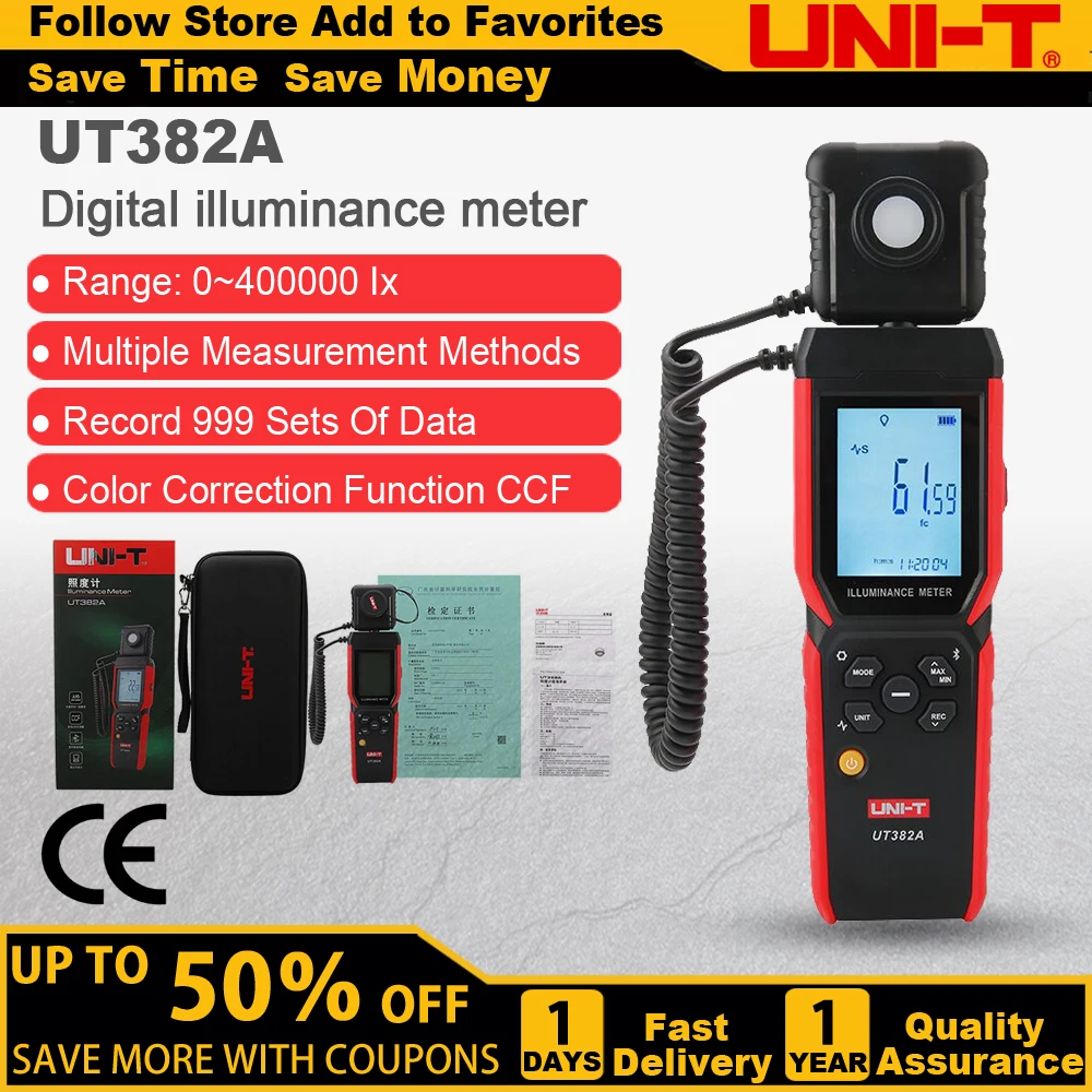 UNI-T UT382A Digit Light Meter 400000 Lx Photometer 999 Data storagelux meter Bluetooth illuminance Measuring Instrument