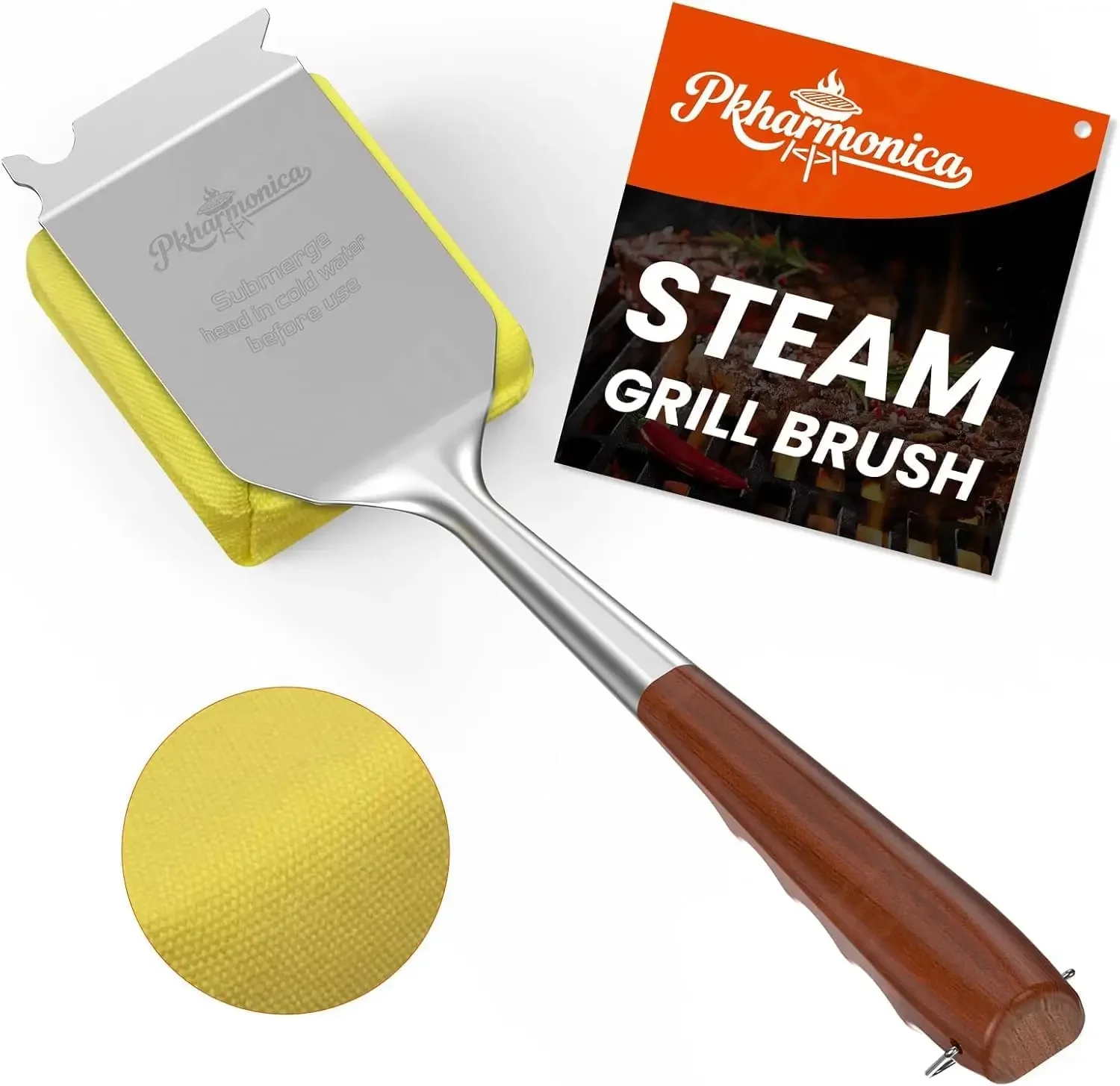 

Bristle-Free Grill Brush with Scraper, Safe Steam Cleaner for BBQ & Griddle, Long Rosewood Handle, Works on All Grates