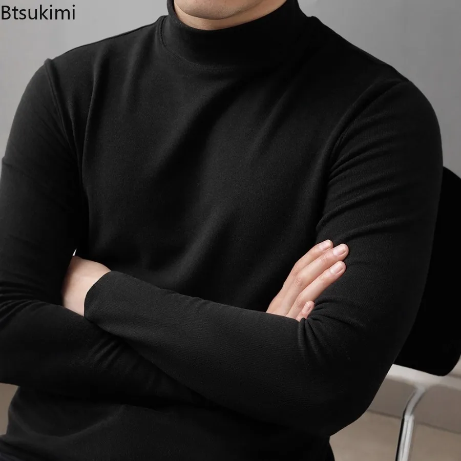 Autumn Winter Men's Thermal Long Sleeve T-Shirts Fashion Mock Neck Solidcf Color Bottoming Tops Casual Versatile Man Sweatshirts