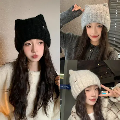 1PC Cat Ear Knitted Beanies, Cute Winter Warm Wool Hats For Women, Korean Style Fashion Headwear