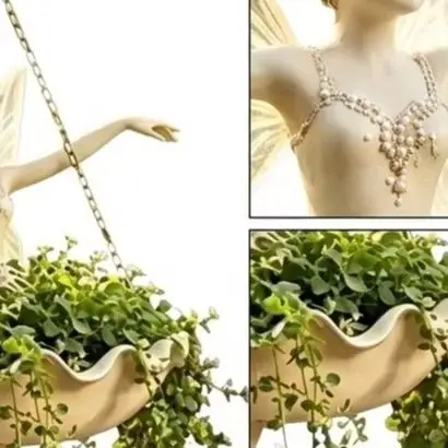 Resin Plant Holder Winged Fairy Decor Intricately Sculpted Design Balanced Hanging Structure Indoor Outdoor Use