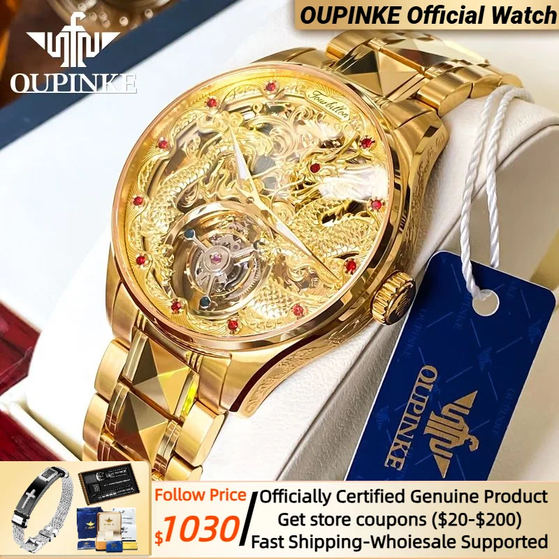 OUPINKE Tourbillon Automatic Men's Watch Skeleton Gold Watch Sapphire Ruby Luxury Wristwatch Waterproof Men's Mechanical Watch