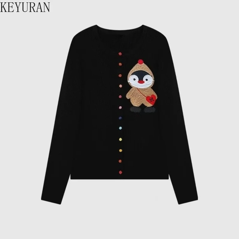 

Cartoon Embroidered Knitted Sweater for Women 2025 Autumn New Vintage Fashing O-Neck Long Sleeve Knitwear Tops Ladies Jumpers