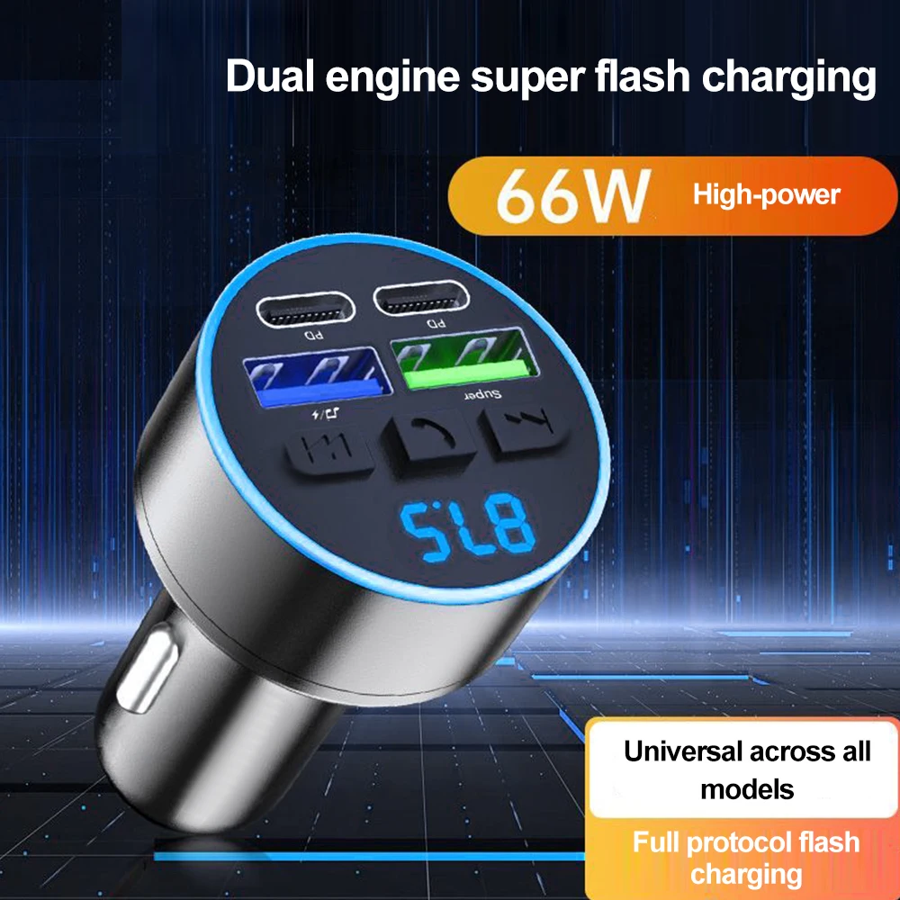 Bluetooth Car Kit Multifunctional Dual USB PD Car Charger Fast Charging MP3 Player with Voltage Display Atmosphere Lamp Adapters