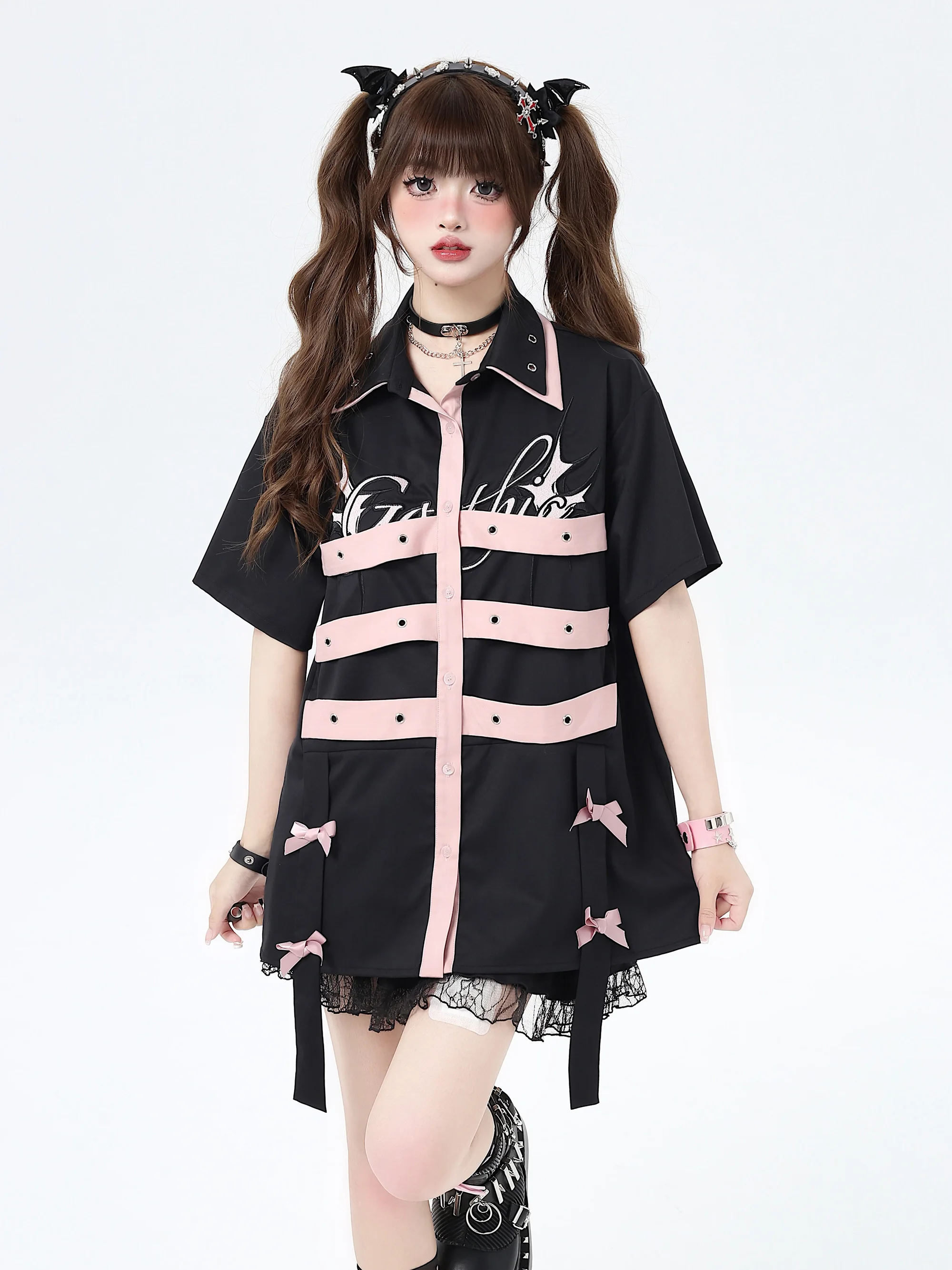 Japanese Subculture Sweet Cool Design Girls Shirt Summer Jacket Women\'s Sweet Pink and Black Short Sleeve Loose Shirt Tops