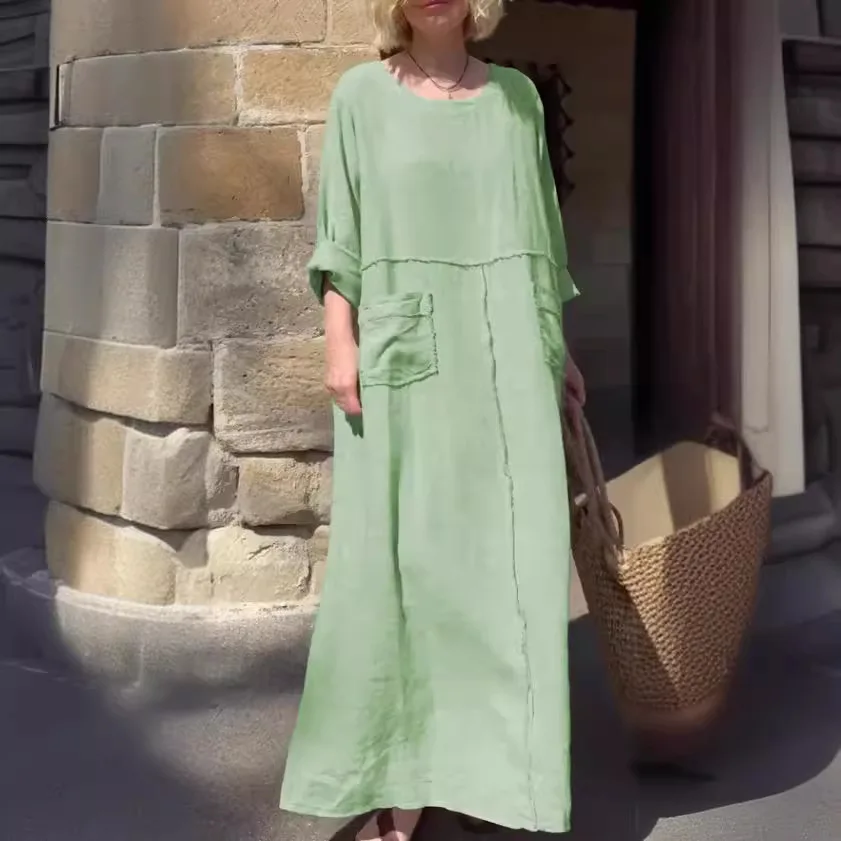 

2024 Summer Women's Solid Color Round Neck Cotton Linen Long Sleeved Casual Pleated Double Side Pocket Dress