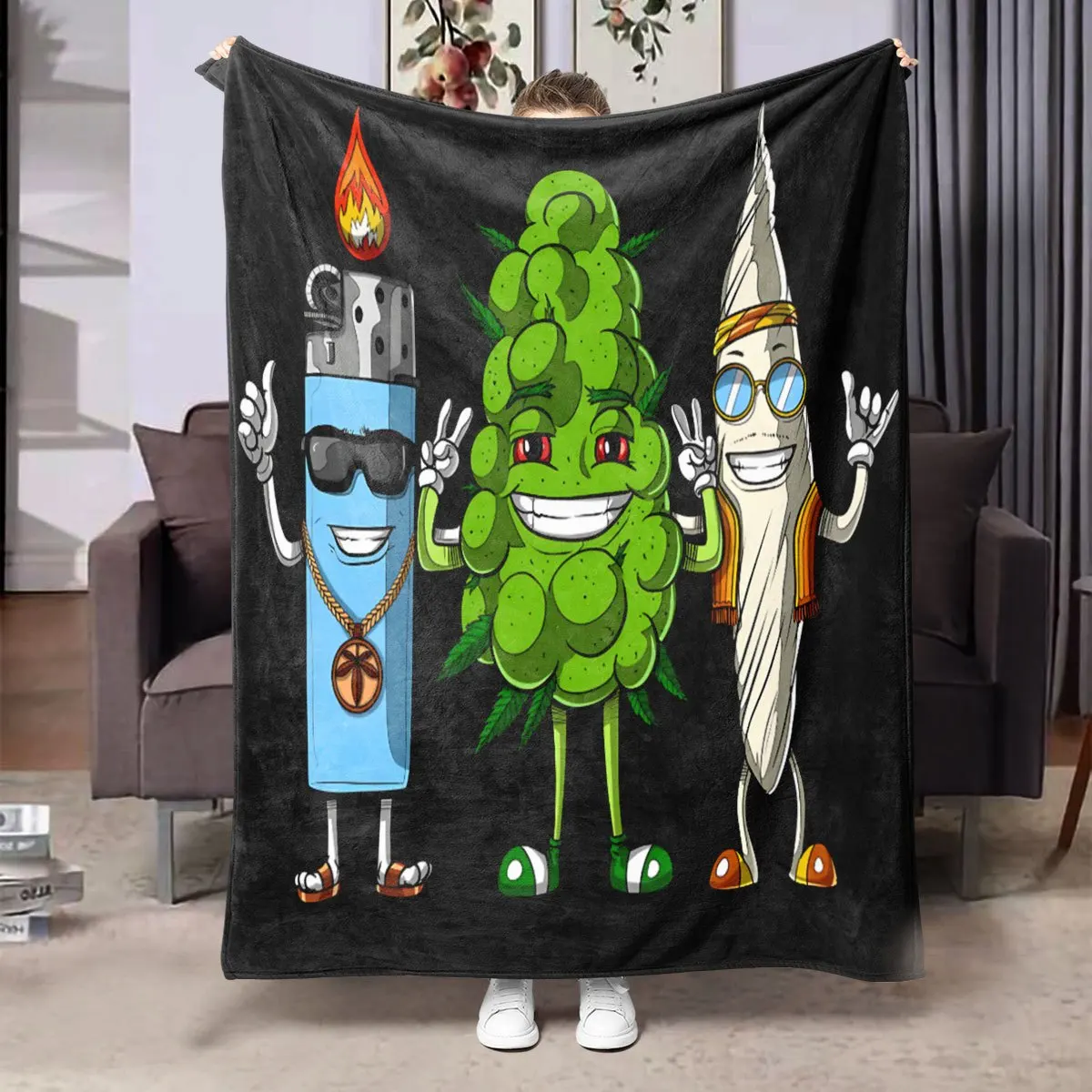 1pc Soft And Comfortable Weed Flower Bud Joint Lighter Design Flannel Printed Blanket - Machine Washable, All-Season Comfort, Su