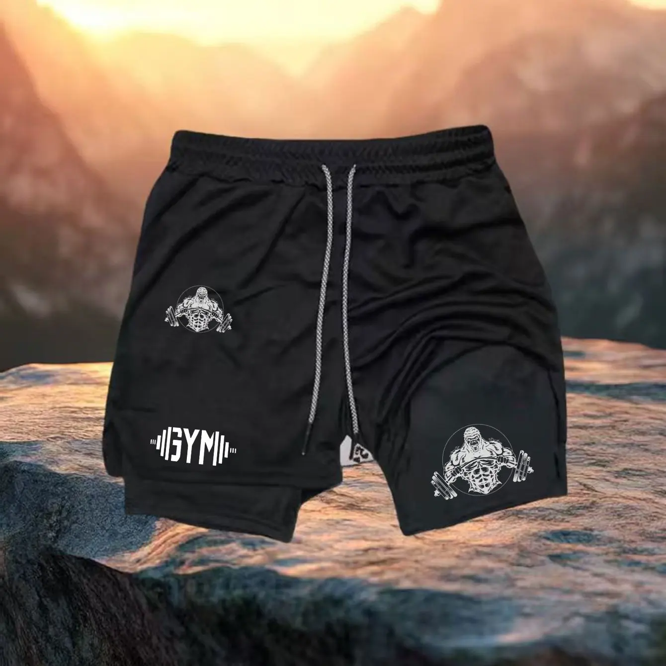 Men's Running Shorts Quick-drying Fitness Black Double Layer Shorts Men New Sport Workout Training Bodybuilding Short Pants