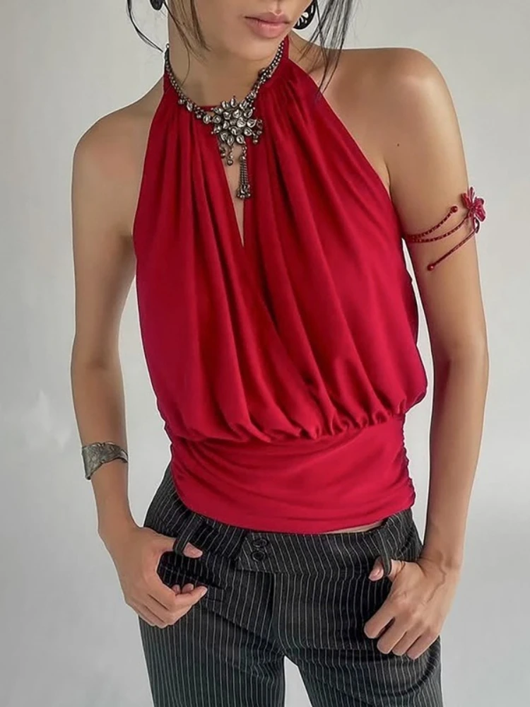 

Sexy Halter V-neck Solid Red Tank Top Women's Elegant Backless Sleeveless T-shirt Ladies Off Shoulder Lace-up Folds Corset Tops
