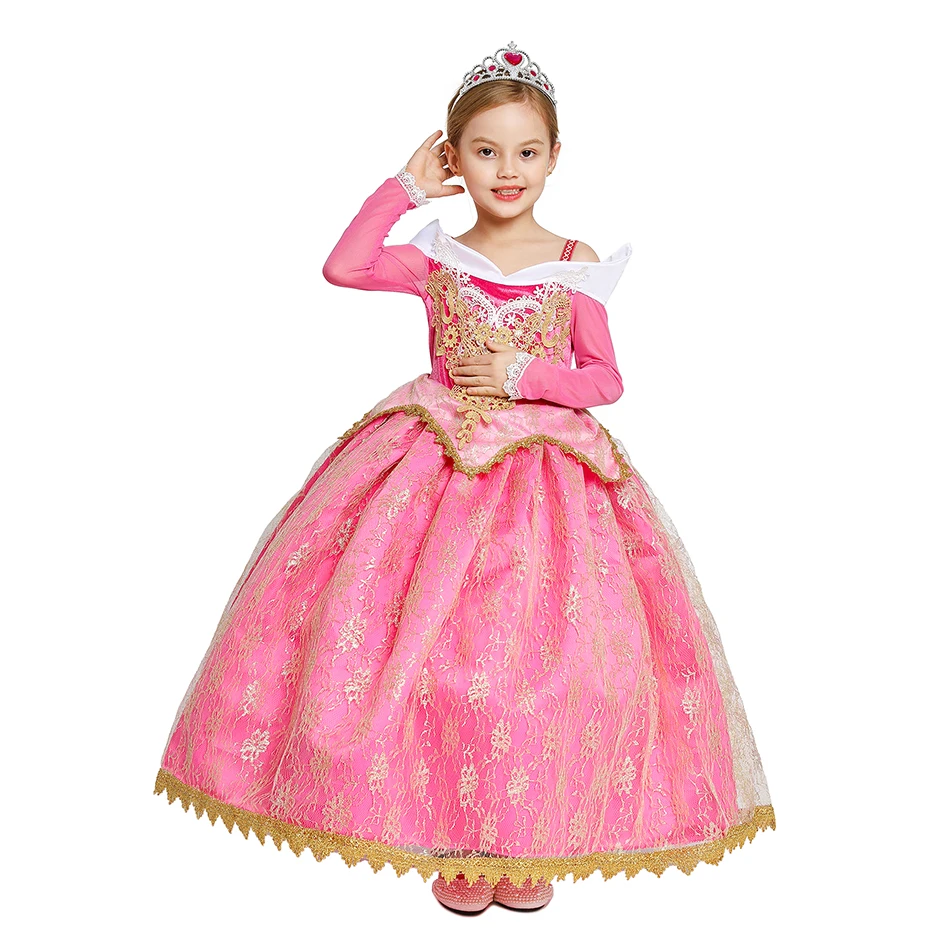 Disney Girl Princess Aurora Costume Dress for Kids Sleep Beauty Luxury Applique Ball Gown Fancy Carnival Birthday Halloween Dres