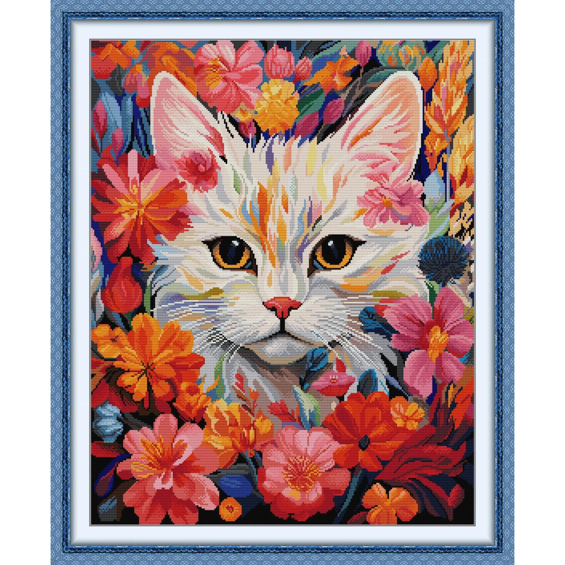 Joy Sunday Pre-printed Cross Stitch Kit  Aida  Stamped Fabric Embroidery Kit - Cat in The Flowers