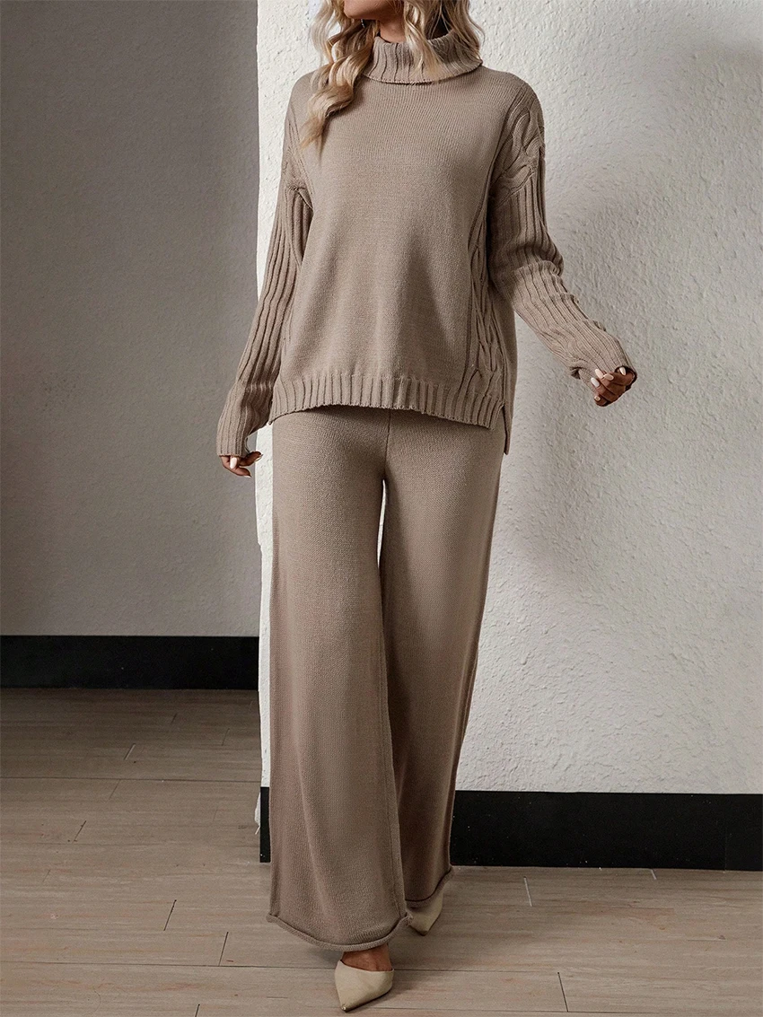 

Parc Fee Winter Loose Khaki 2 Pieces Set Women 2025 Fashion Long Sleeve Sweater With High Waist Wide Pants Set Female Clothing