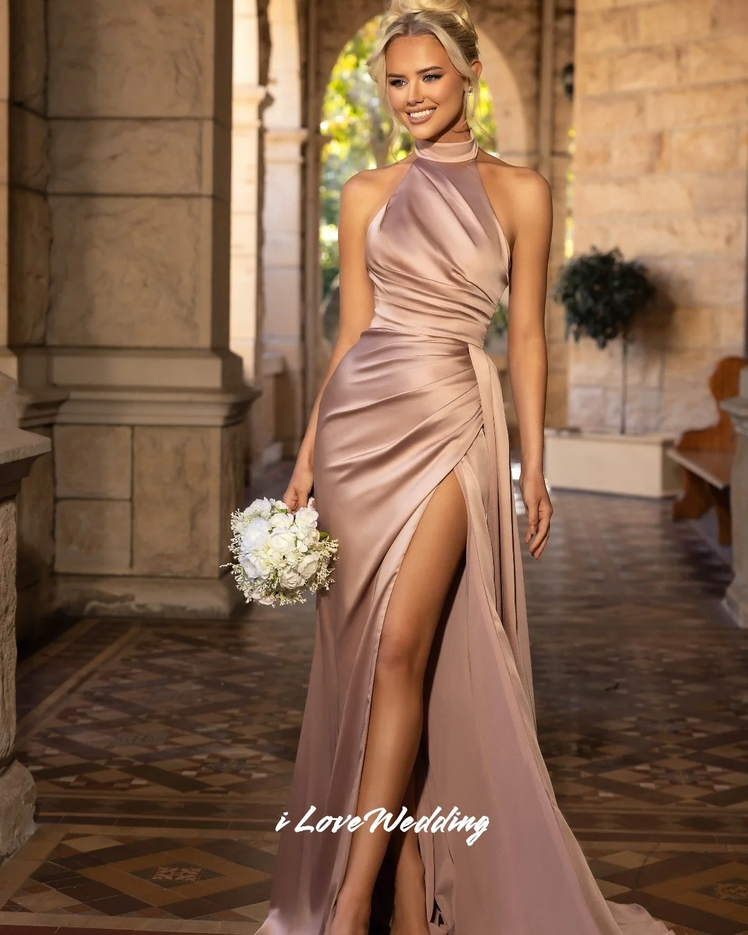 Women's Halter Satin Bridesmaid Dress 2026 Mermaid Sleeveless Side Slit Pleated Dress Wedding Guest Dress Sweep Train Customized