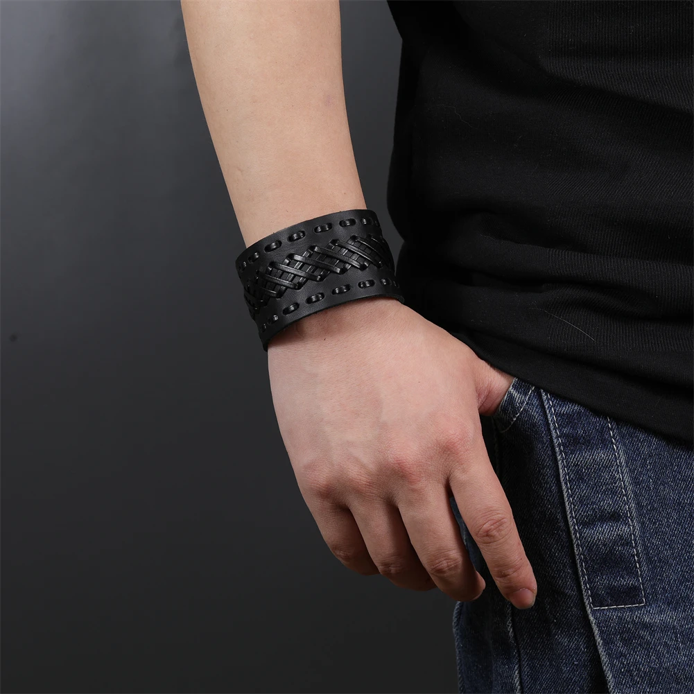 2024 Trend Jewelry Handmade Weave Genuine Leather Bracelet Men Vintage Cuff Wide Leather Bracelet Pulsera Hombre