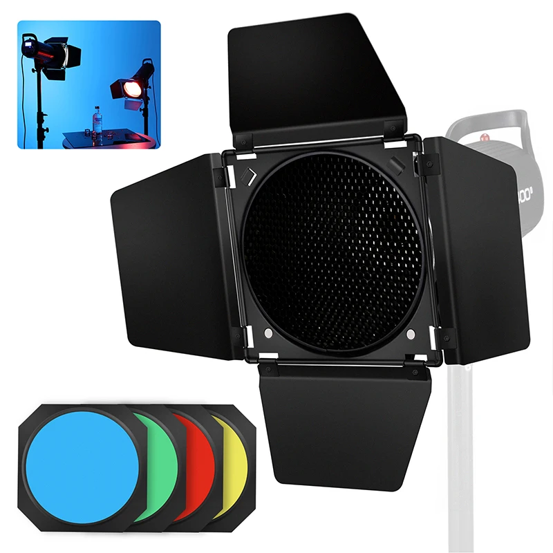 Soonpho BD-04 Bowens Mount drzwi do stodoły z siatką o strukturze plastra miodu + 4 zestawy filtr kolorów do Godox SK400ii DE400 DE300 QS400 QS60 błyskanie studyjne