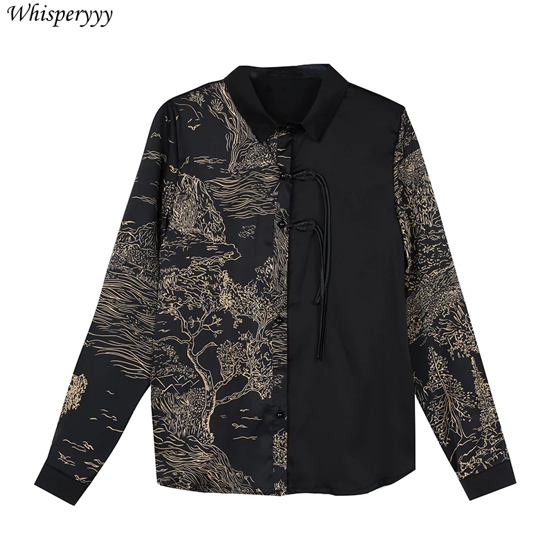 Long Sleeve Shirt for Women Printed Patchwork Blouse for Ladies Spring Autumn New Chinese Vintage Turn-down Collar Button Tops