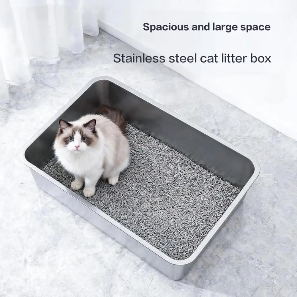 

Pet cat toilet 60cm large space stainless steel cat litter box arenero para gato adulto pet supplies 대형 고양이 화장실