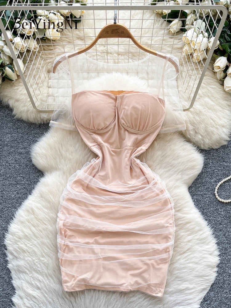 Beiyingni Mesh Patchwork Women Bodycon Mini Dresses Sexy Club French Slim Fit Pink Short Dress Female Ruched Pack Hip Vestidos
