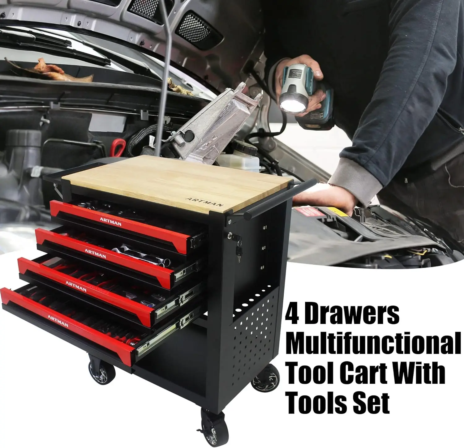 Rolling Tool Cart With Tool Set, Household Tool Kit With 4-Drawer Heavy Duty Metal Tool Cabinet, Portable Tool Box For