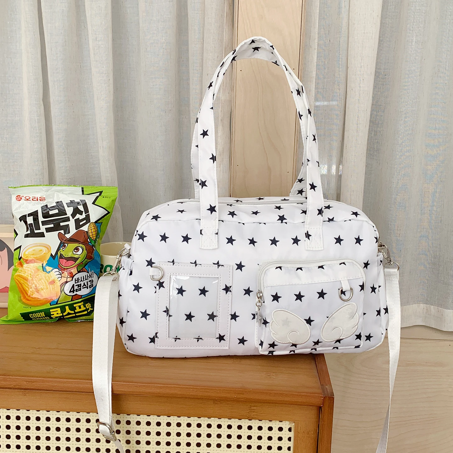 Kawaii Pink Star Print Shoulder Bag for Women Cute Angel Wing Decor Nylon Tote Bag Large Capacity Crossbody Bag School Travel
