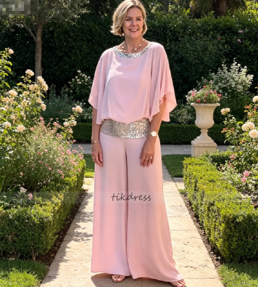 Pink Chiffon Mother of The Bride Pant Suit Batwing Sleeve Silver Sequin Trim Formal Wedding Guest Evening Outfit Party Birthday