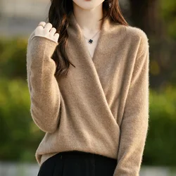 Women's Knitted Cashmere Sweater 100 Merino Wool Thickened Combination Top Loose Long Sleeve Clothing Warm For Autumn And Winter