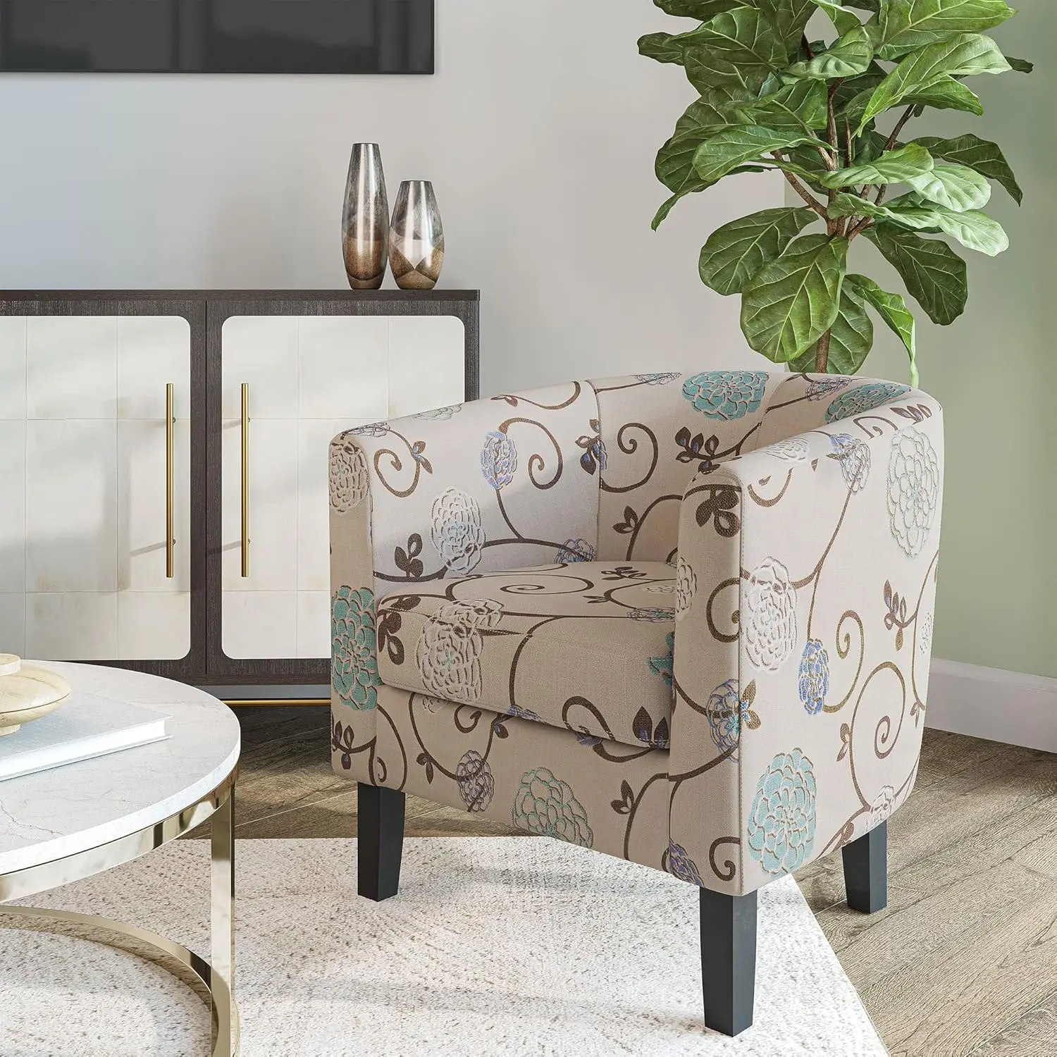 

Linen Round Accent Barrel Chair Flared Legs Soft Padding Bedroom Corner, Customized