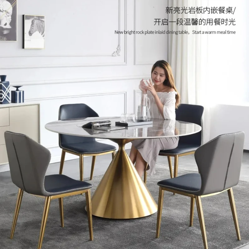 

Яркий обеденный стол из каменной плиты, дизайнерский встроенный поворотный столик из титана, круглый обеденный стол из серой каменной плиты для дома.