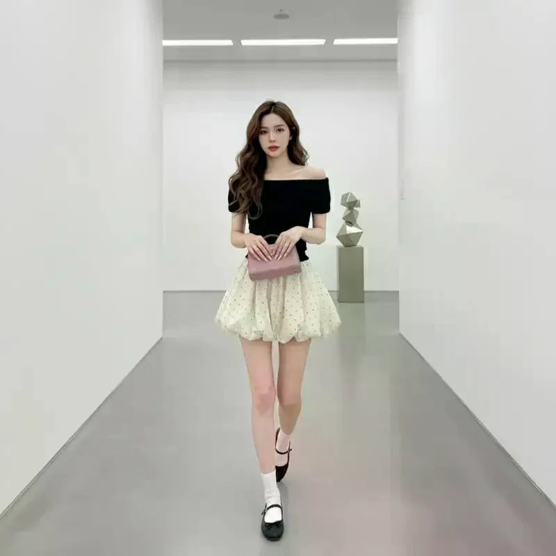 2026 High Waist Cloud Bubble Puffy Skirt, Elegant Polka Dot Flower Bud Short Half Skirt For Spring & Summer