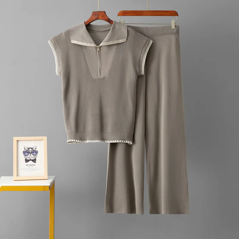 Conjuntos de 2 piezas de punto suelto para mujer, camisetas sin mangas de punto con cuello de solapa, Tops, conjuntos de pantalones rectos de cintura alta, novedad de verano