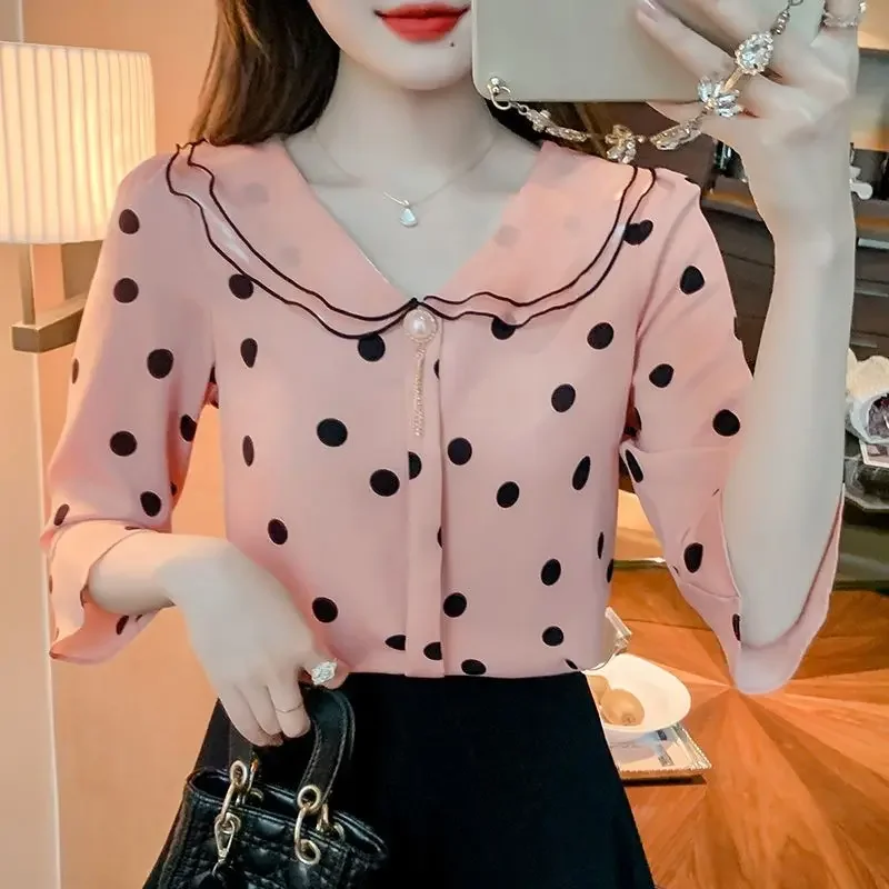 

Sweet Peter Pan Collar Printed Flare Sleeve Polka Dot Blouse Women Clothing 2023 Summer New Oversized Casual Tops Beading Shirt