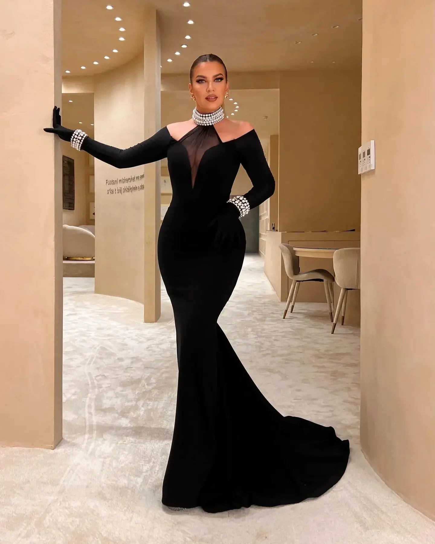 Customized Elegant Mermaid Prom Dress Women's Black Neck Party Evening Gown Long Sleeve Ankle Length Special Occasion Gowns