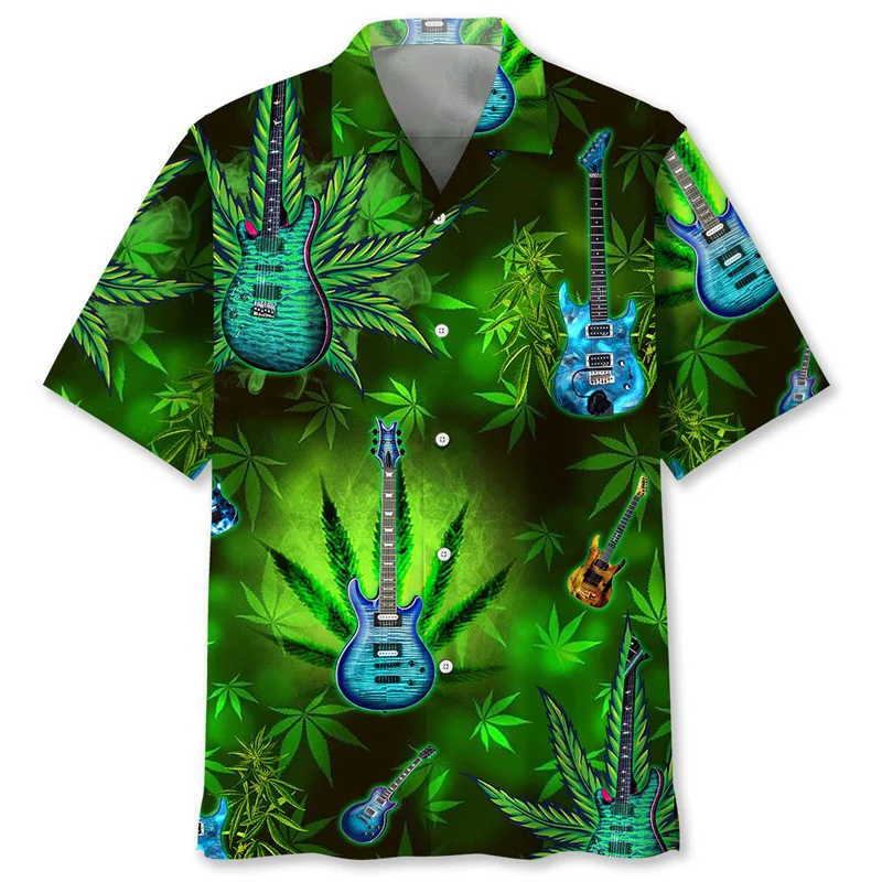 Camicia hawaiana stampata in 3d per chitarra con piante tropicali per uomo camicia a maniche corte con motivo a strumenti musicali camicetta con bottoni con risvolto