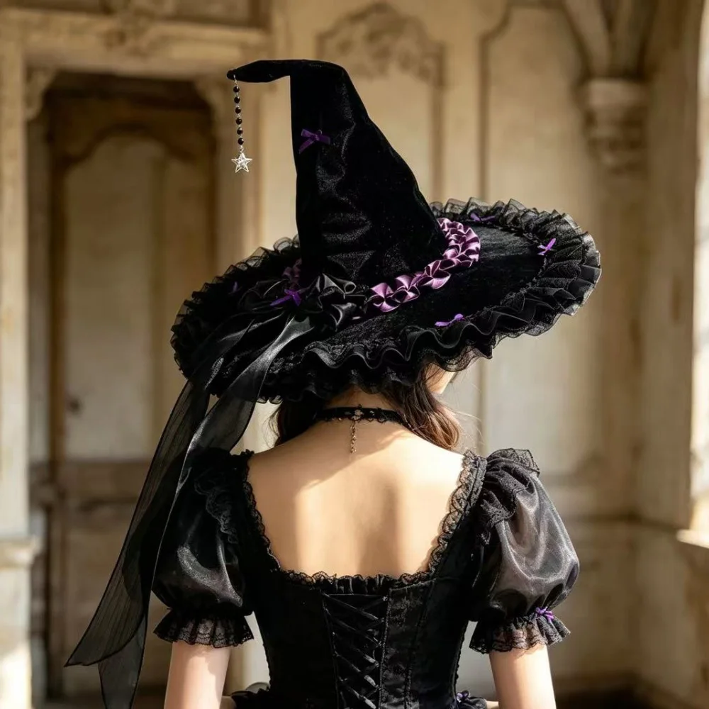 

Women Witch Hat Gothic Dark Bow Cosplay Wizard Hat Halloween Carnival Dress Up Party Costume Witches Head Accessories Props